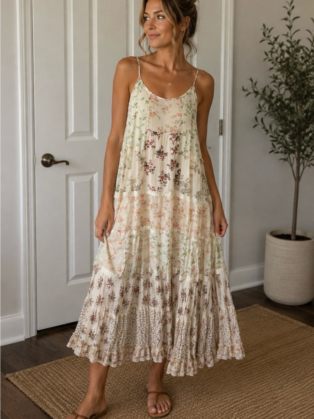 Denim & Supply Ralph Lauren Cream Floral Tiered Maxi Dress
